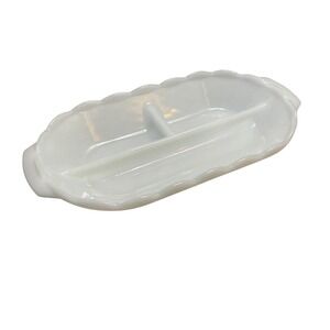Vintage Oblong Diamond‎ Scalliped White Milk Glass Divided Relish Snack Dish